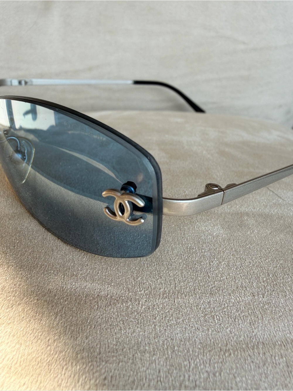 Chanel Silver Rim Grey Lens Logo Sunglasses